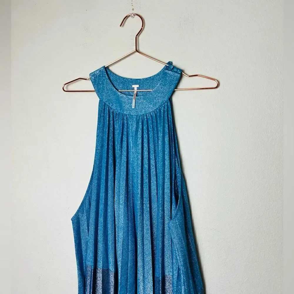 NWOT Free People Pleated Love Blue Metallic Mini Dress Medium